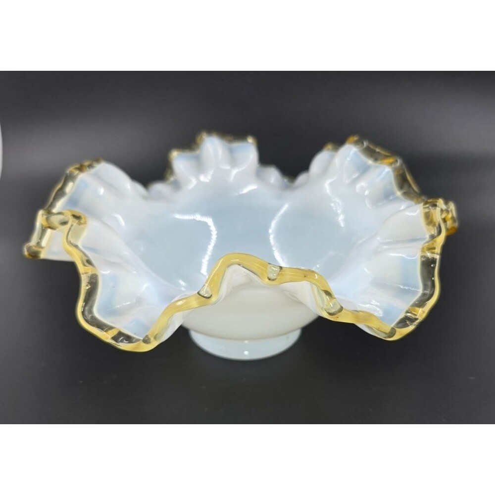 Vintage 40's Fenton Gold Amber Crest Milk Glass Double Crimped Ruffled Bowl